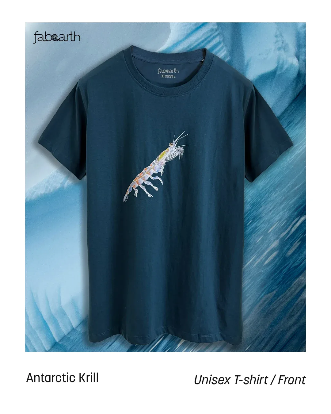 Antarctic Krill (Euphausia superba) T-shirt Regular Unisex Petrol Blue with original wildlife artwork, Least Concern species