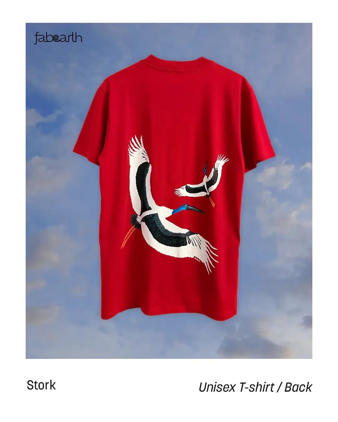 Black-necked Stork (Ephippiorhynchus asiaticus) T-shirt Regular Unisex Red with original wildlife artwork, Near Threatened species — view 2 of 2