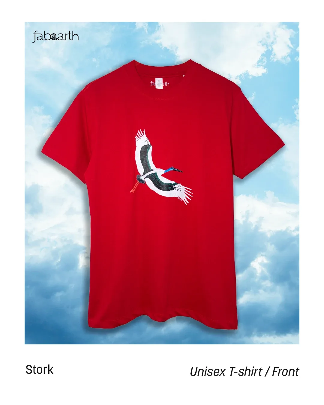 Black-necked Stork (Ephippiorhynchus asiaticus) T-shirt Regular Unisex Red with original wildlife artwork, Near Threatened species