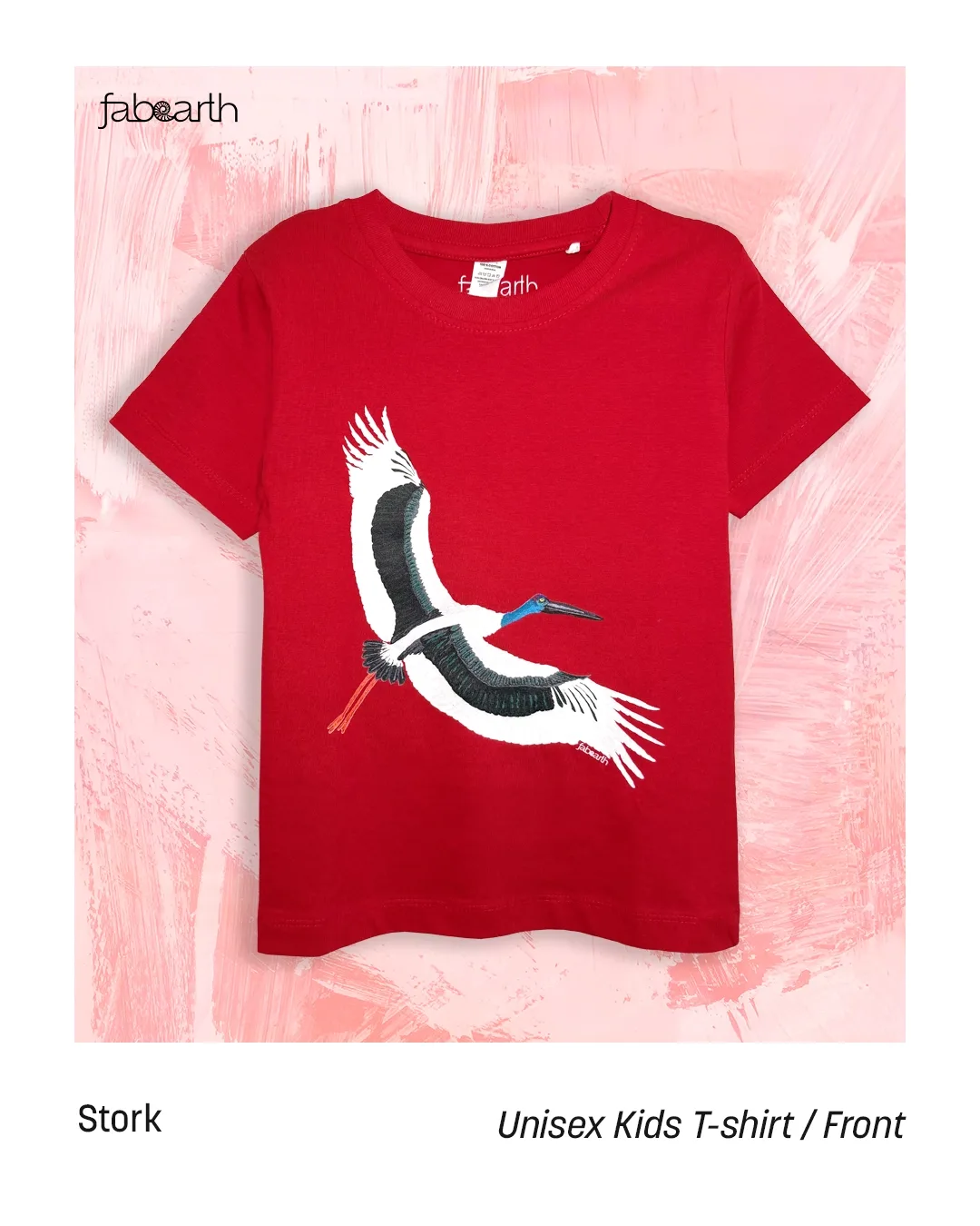 Black-necked Stork (Ephippiorhynchus asiaticus) T-shirt Regular Unisex Candy Red with original wildlife artwork, Least Concern species