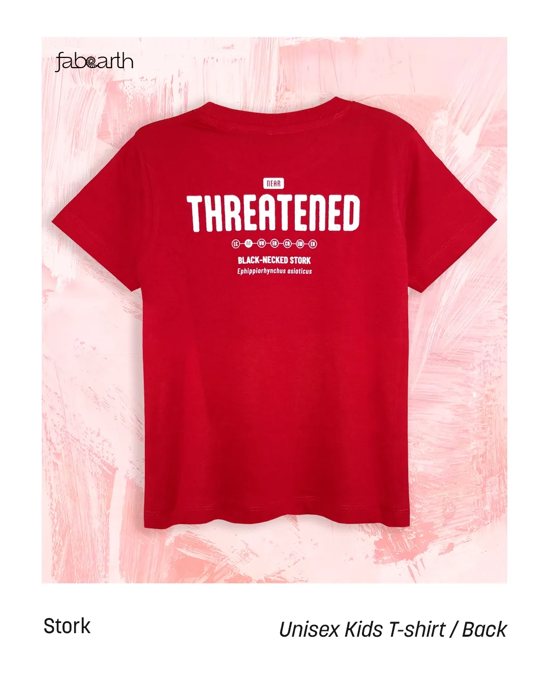 Black-necked Stork (Ephippiorhynchus asiaticus) T-shirt Regular Unisex Candy Red with original wildlife artwork, Least Concern species — view 2 of 2