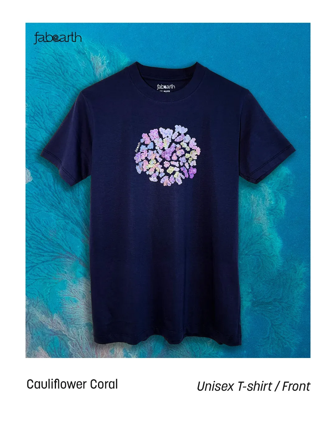 Cauliflower Coral (Pocillopora damicornis) T-shirt Regular Unisex Navy Blue with original wildlife artwork, Endangered species