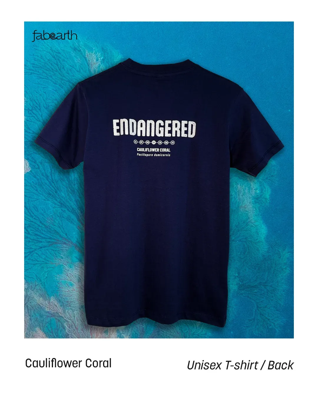 Cauliflower Coral (Pocillopora damicornis) T-shirt Regular Unisex Navy Blue with original wildlife artwork, Endangered species — view 2 of 2