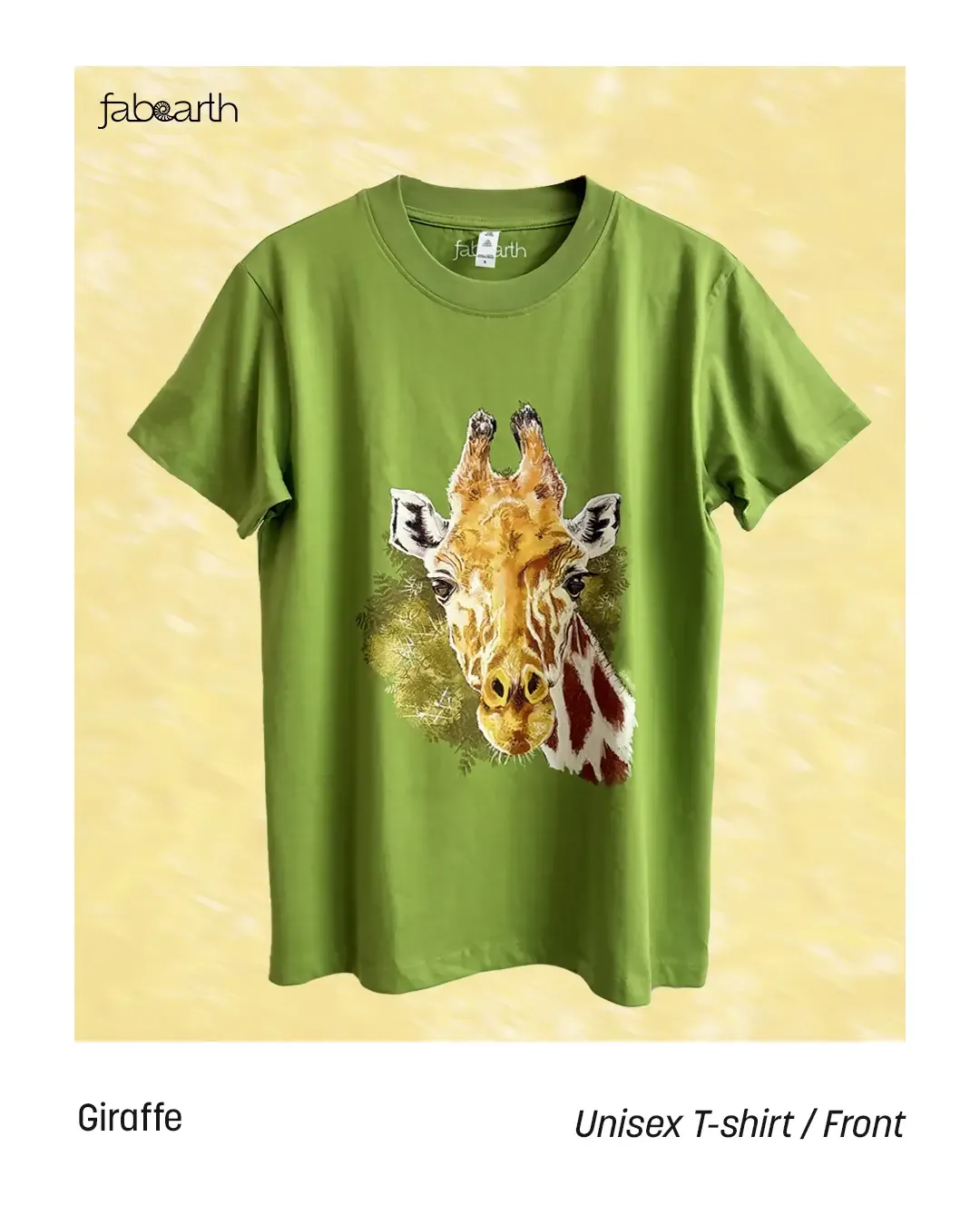 Giraffe (Giraffa camelopardalis) T-shirt Regular Unisex Kiwi Green with original wildlife artwork, Vulnerable species