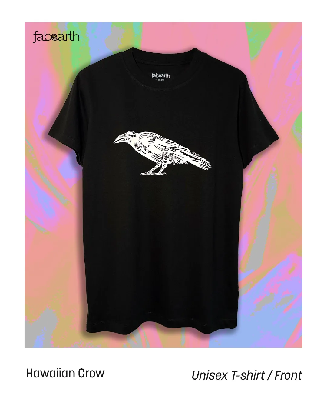 Hawaiian Crow (Corvus hawaiiensis) T-shirt Regular Unisex Black with original wildlife artwork, Extinct in the Wild species