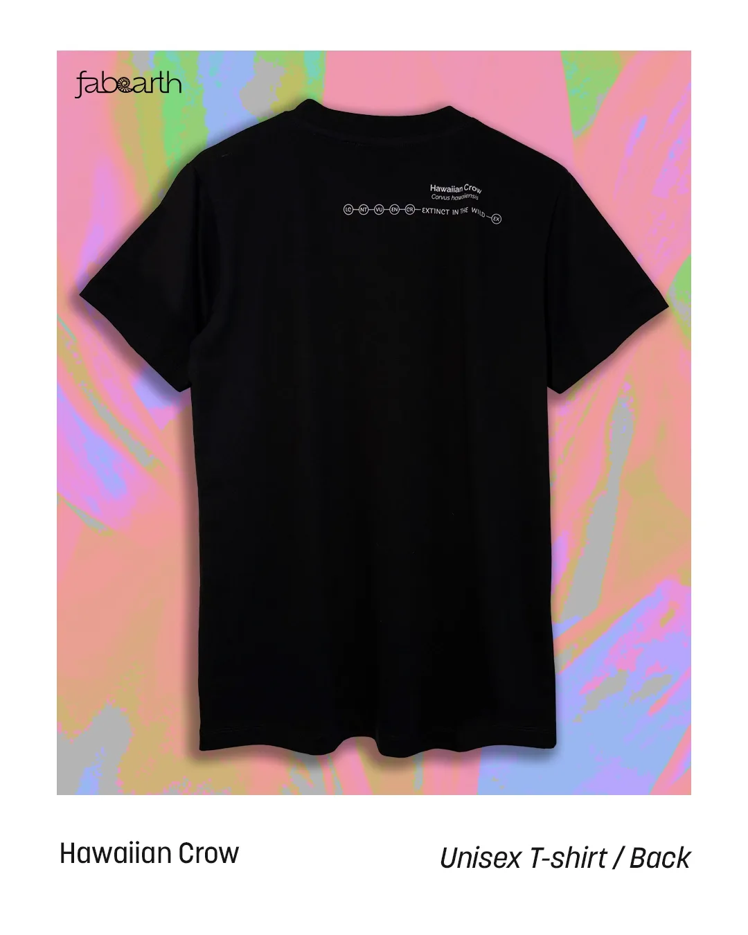 Hawaiian Crow (Corvus hawaiiensis) T-shirt Regular Unisex Black with original wildlife artwork, Extinct in the Wild species — view 2 of 2