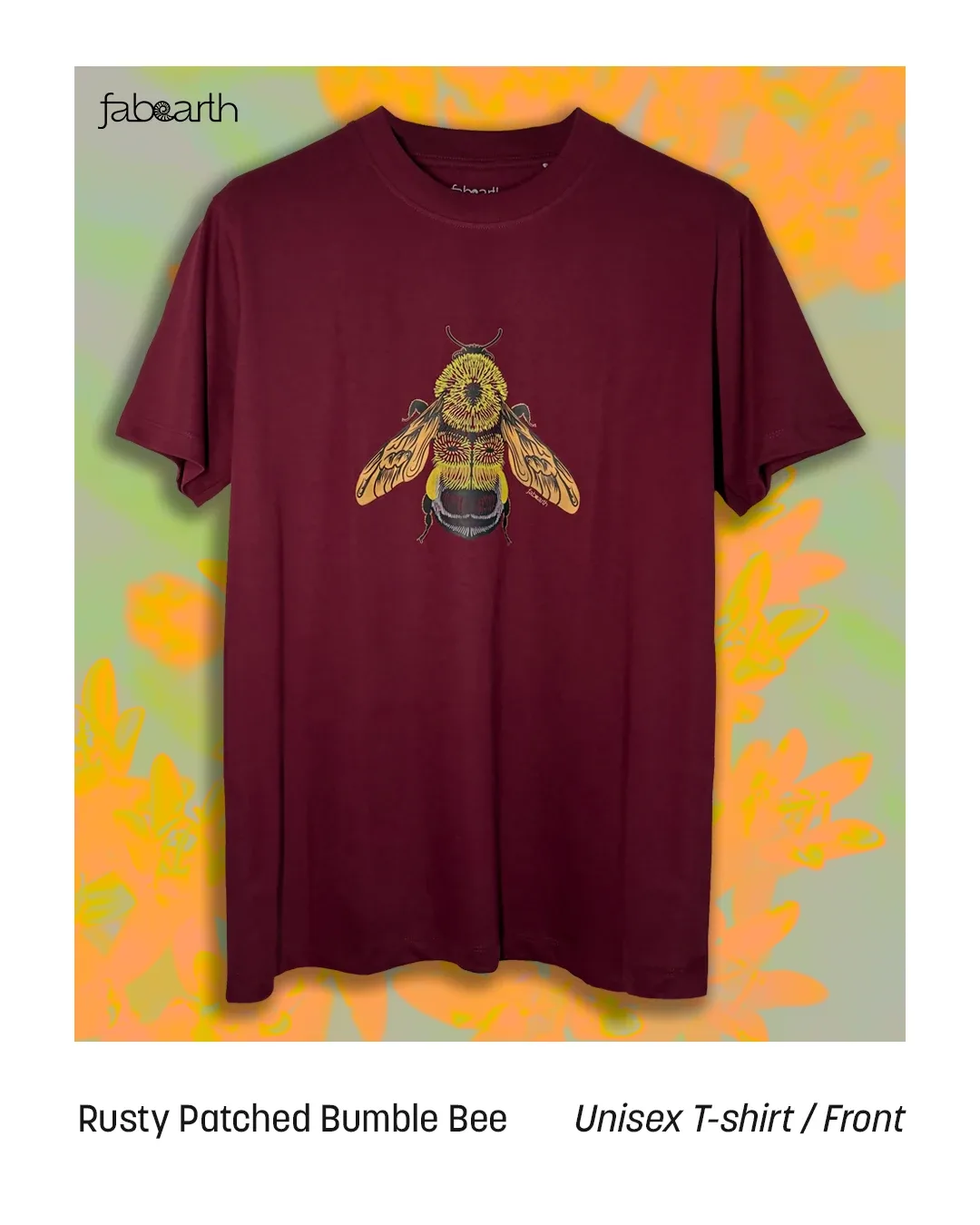 Rusty Patched Bumble Bee (Bombus affinis) T-shirt Regular Unisex Maroon with original wildlife artwork, Critically Endangered species