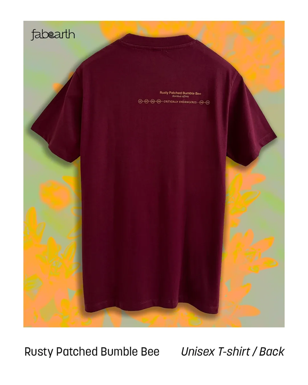 Rusty Patched Bumble Bee (Bombus affinis) T-shirt Regular Unisex Maroon with original wildlife artwork, Critically Endangered species — view 2 of 2