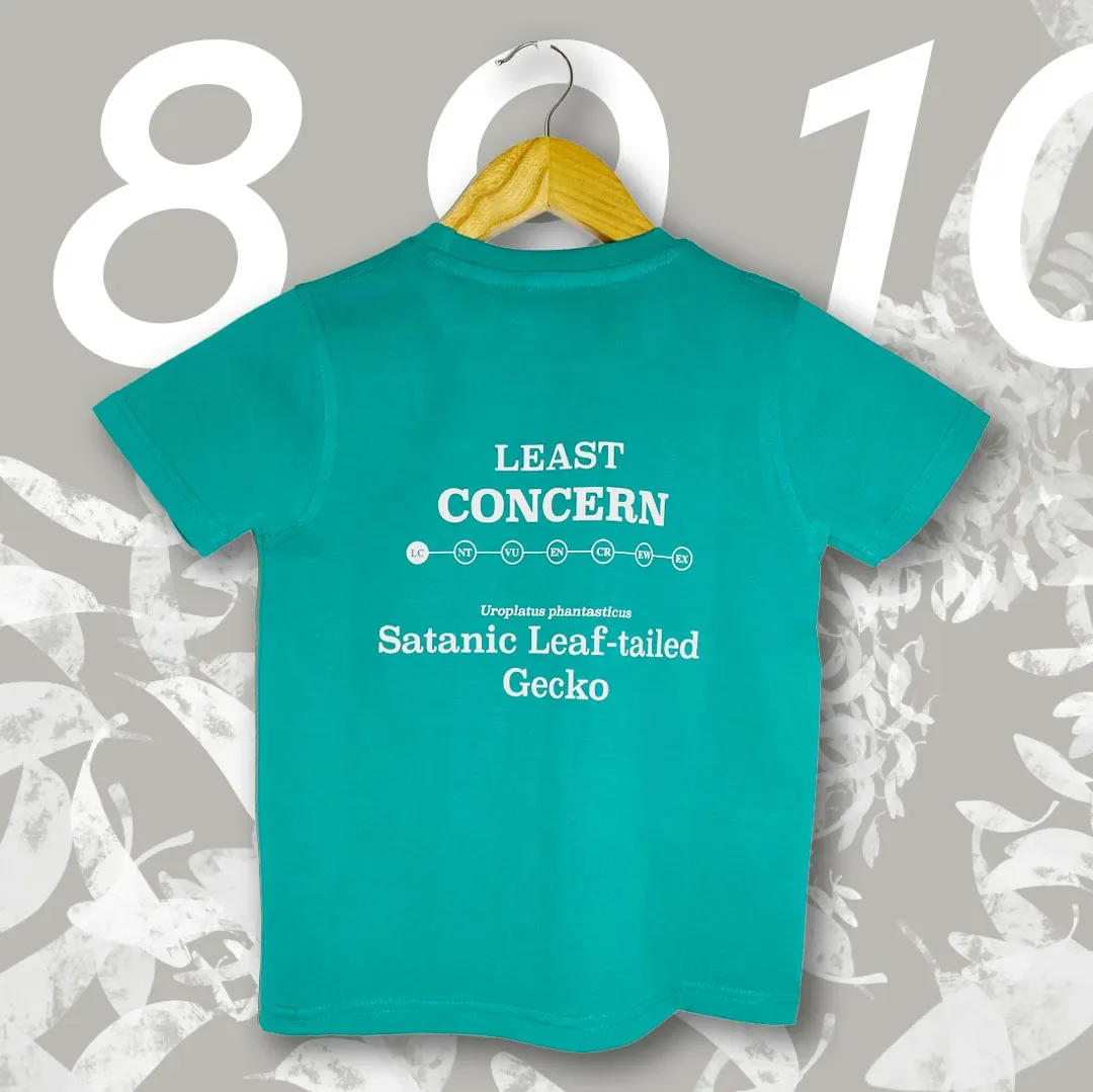 Satanic Leaf-tailed Gecko (Uroplatus phantasticus) T-shirt Regular Unisex Teal with original wildlife artwork, Least Concern species — view 2 of 4