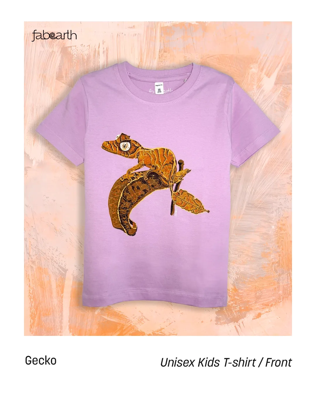 Satanic Leaf-tailed Gecko (Uroplatus phantasticus) T-shirt Regular Unisex Lilac with original wildlife artwork, Least Concern species