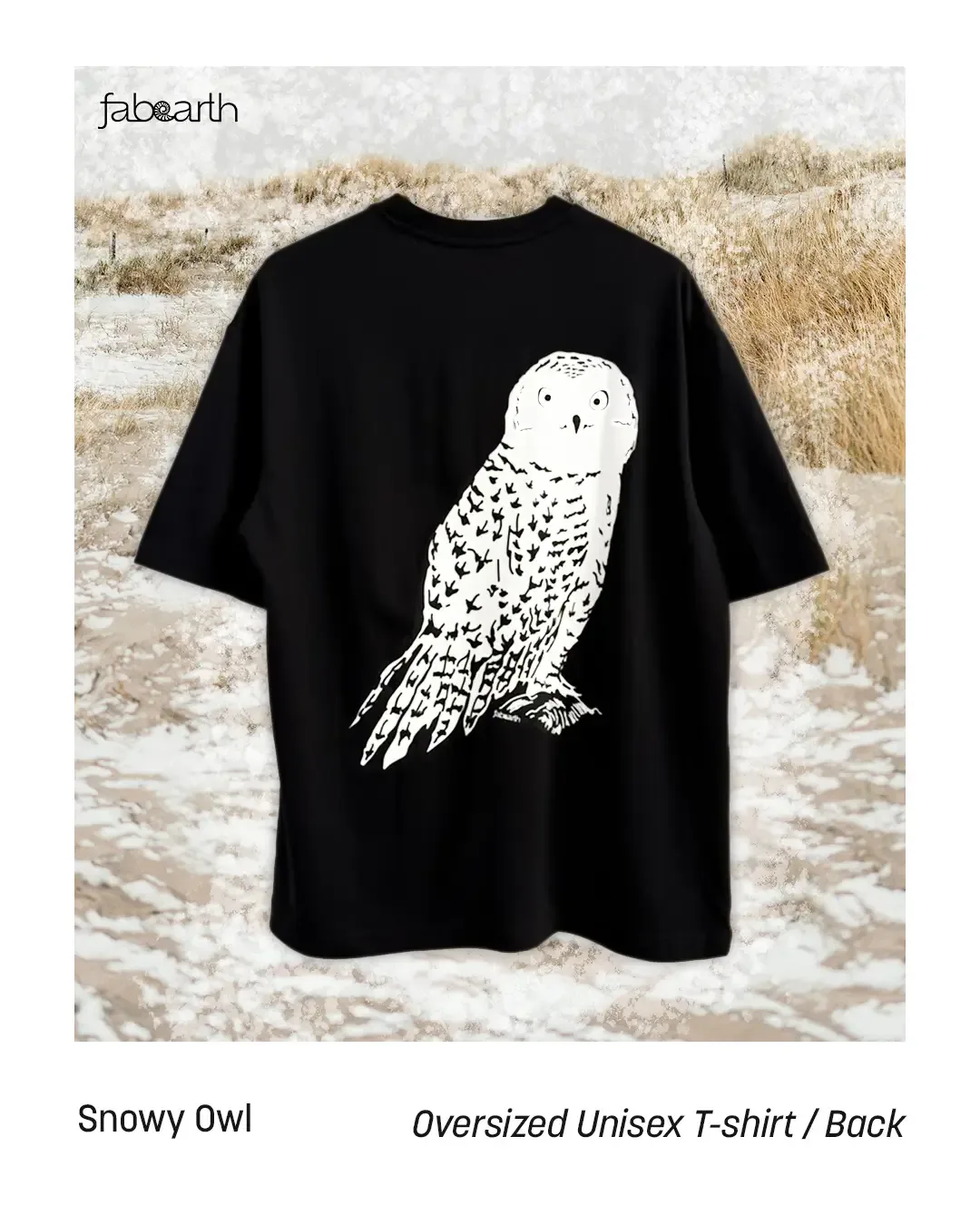 Snowy Owl (Bubo scandiacus) T-shirt Oversize Unisex Black with original wildlife artwork, Vulnerable species — view 2 of 2