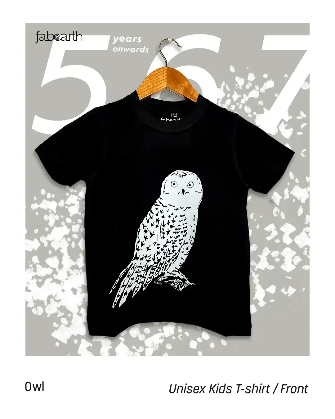 Snowy Owl (Bubo scandiacus) T-shirt Regular Unisex Black with original wildlife artwork, Vulnerable species