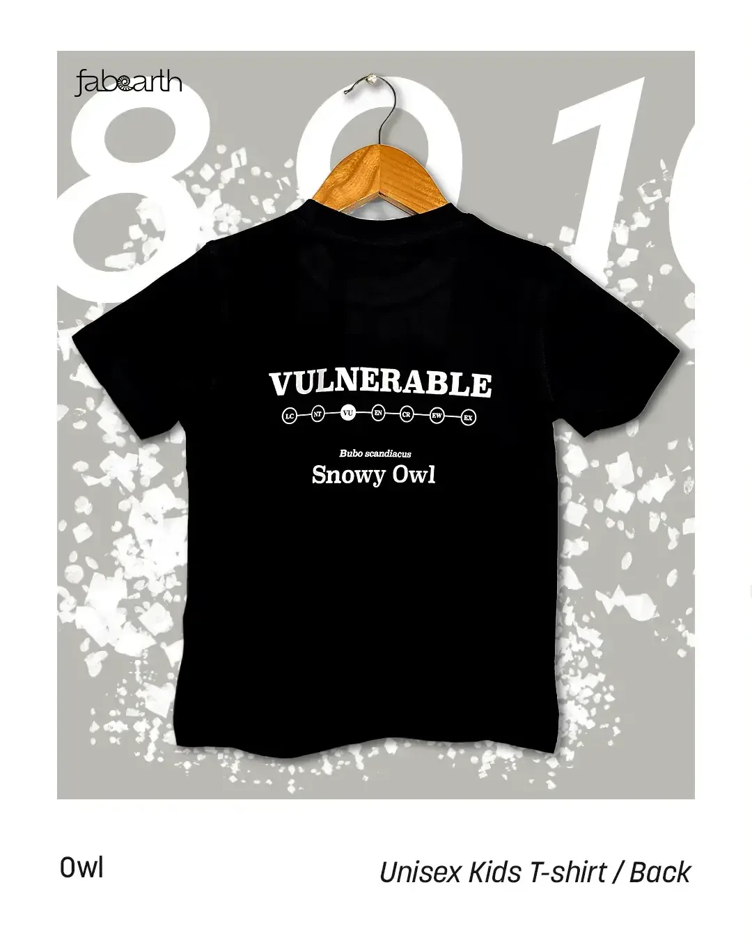 Snowy Owl (Bubo scandiacus) T-shirt Regular Unisex Black with original wildlife artwork, Vulnerable species — view 2 of 4