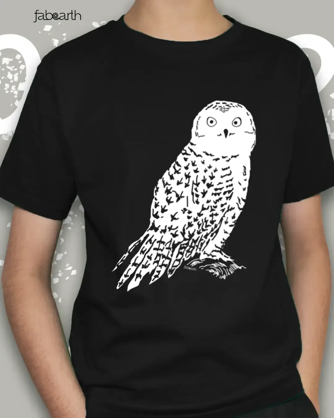 Snowy Owl (Bubo scandiacus) T-shirt Regular Unisex Black with original wildlife artwork, Vulnerable species — view 3 of 4