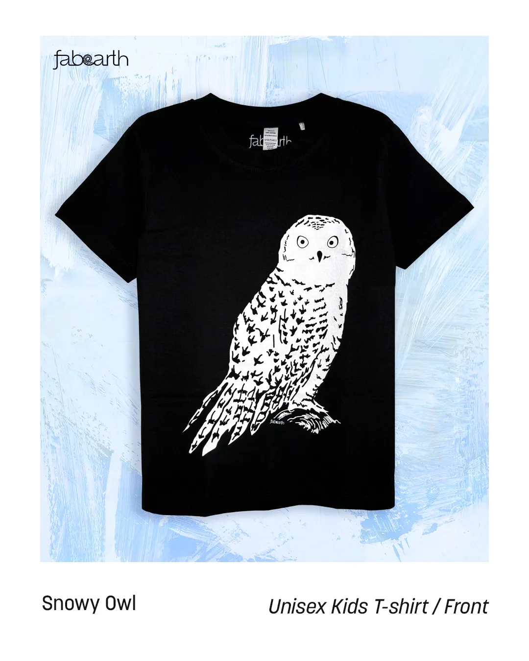 Snowy Owl (Bubo scandiacus) T-shirt Regular Unisex Inky Black with original wildlife artwork, Vulnerable species