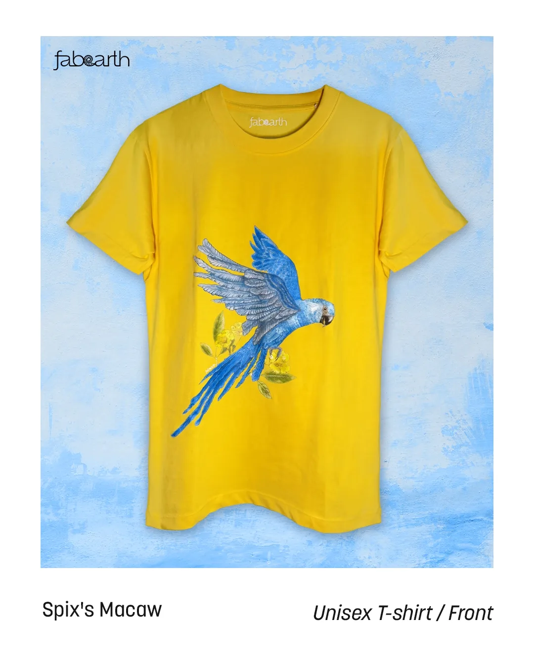 Spix's Macaw (Cyanopsitta spixii) T-shirt Regular Unisex Yellow with original wildlife artwork, Extinct in the Wild species