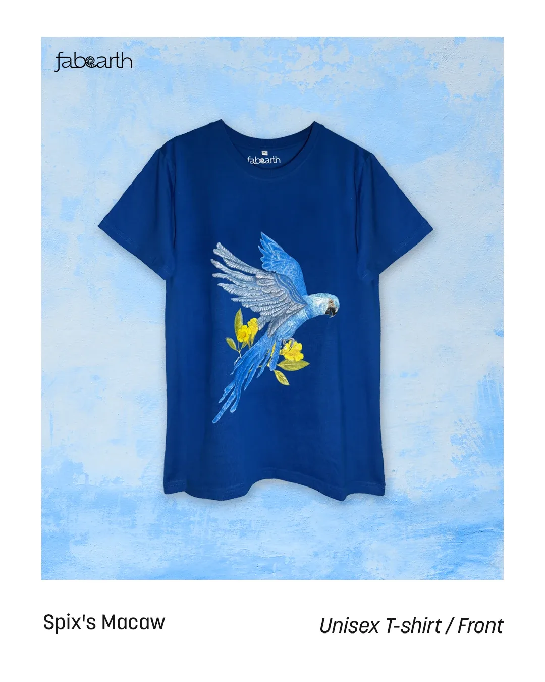 Spix's Macaw (Cyanopsitta spixii) T-shirt Regular Unisex Royal Blue with original wildlife artwork, Extinct in the Wild species