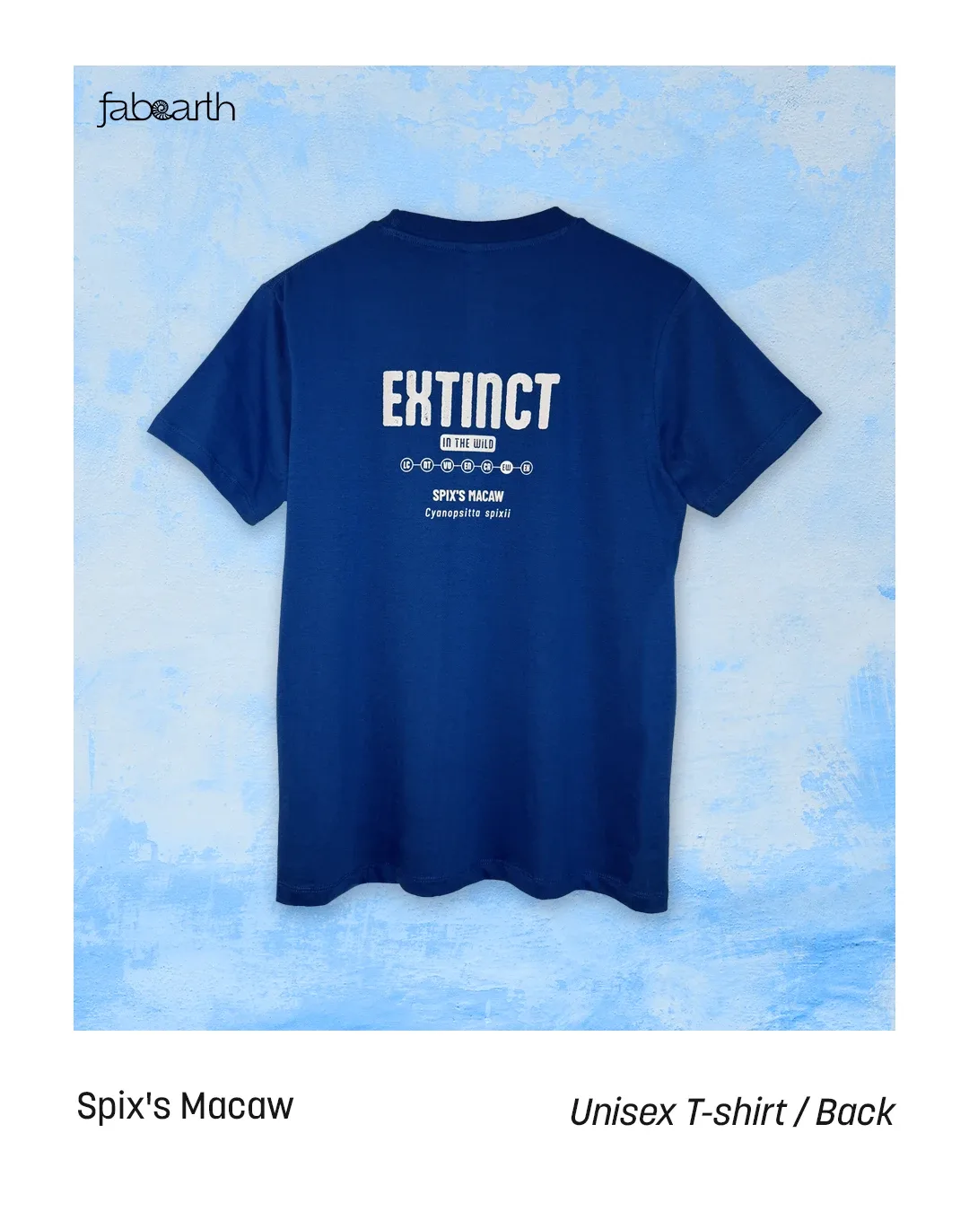 Spix's Macaw (Cyanopsitta spixii) T-shirt Regular Unisex Royal Blue with original wildlife artwork, Extinct in the Wild species — view 2 of 2