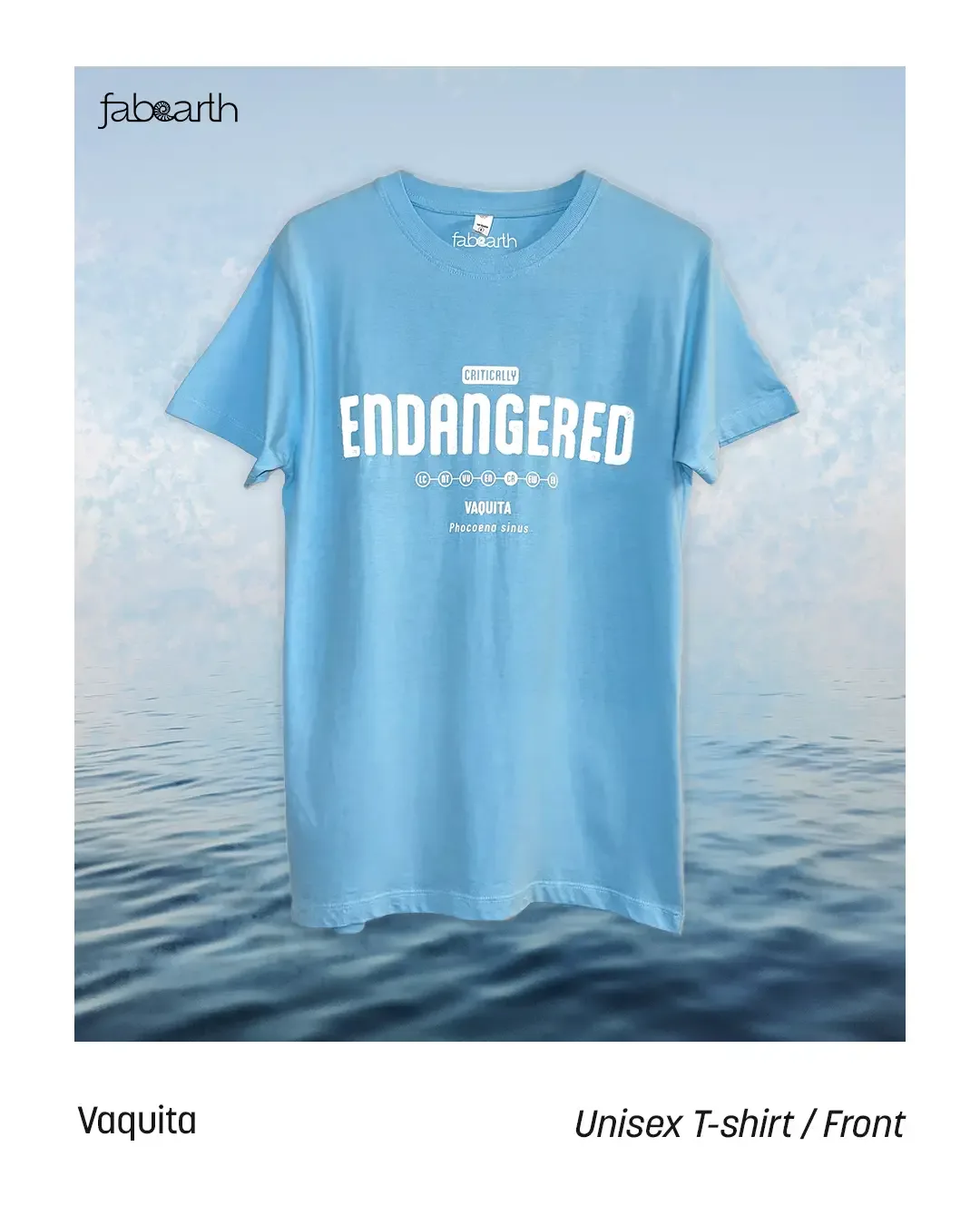 Vaquita (Phocoena sinus) T-shirt Regular Unisex Ocean Blue with original wildlife artwork, Critically Endangered species