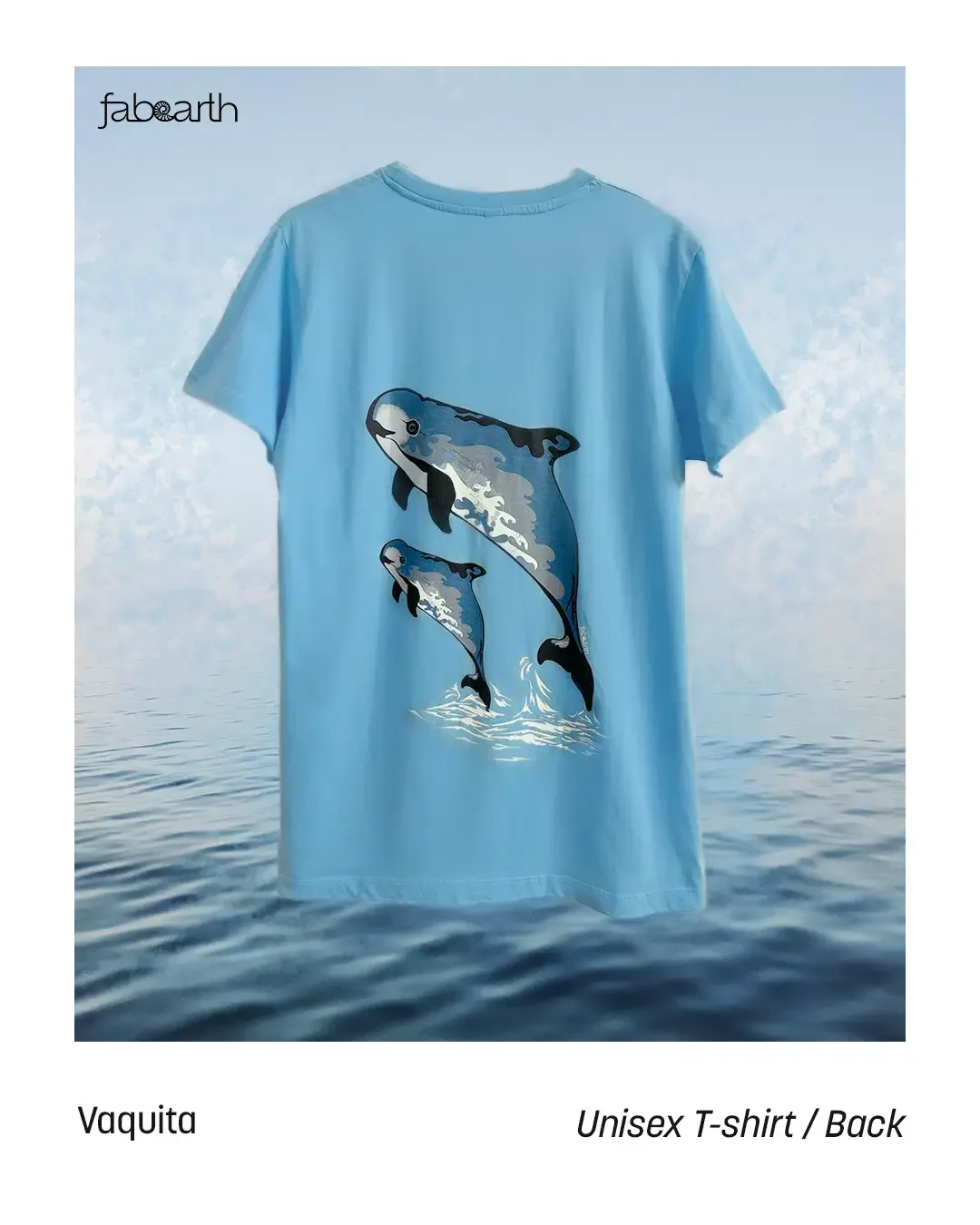 Vaquita (Phocoena sinus) T-shirt Regular Unisex Ocean Blue with original wildlife artwork, Critically Endangered species — view 2 of 2