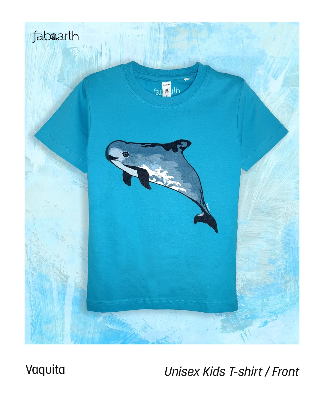 Vaquita (Phocoena sinus) T-shirt Regular Unisex Sky Blue with original wildlife artwork, Critically Endangered species