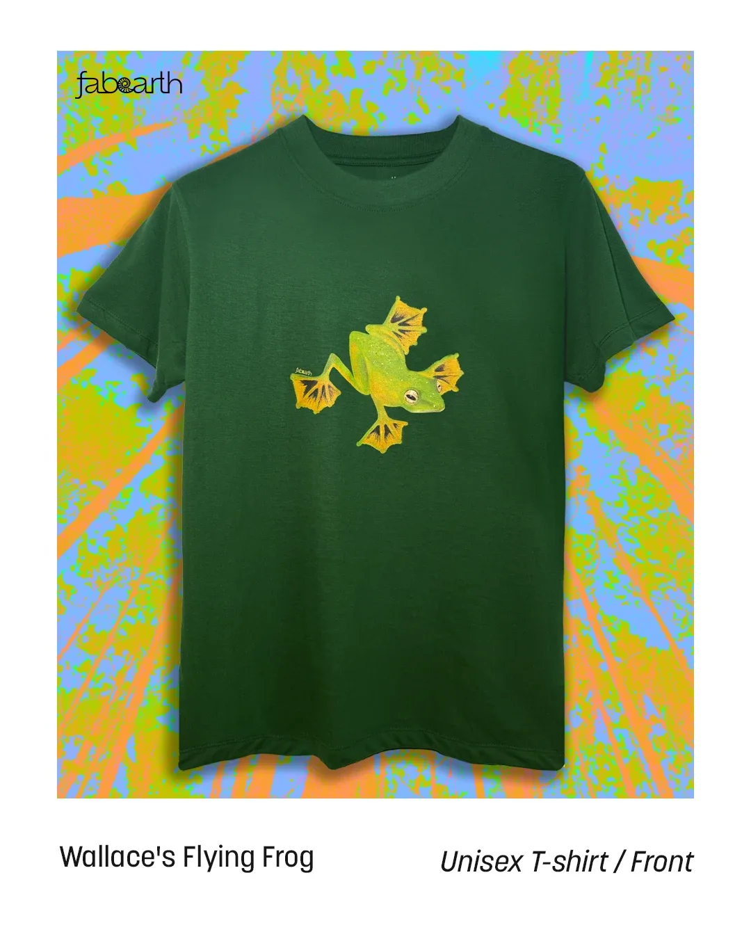 Wallace's Flying Frog (Rhacophorus nigropalmatus) T-shirt Regular Unisex Bottle Green with original wildlife artwork, Least Concern species