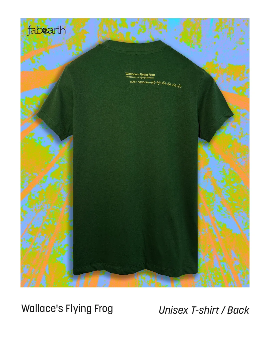 Wallace's Flying Frog (Rhacophorus nigropalmatus) T-shirt Regular Unisex Bottle Green with original wildlife artwork, Least Concern species — view 2 of 2