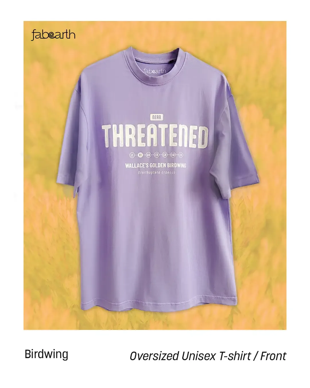 Wallace's Golden Birdwing (Ornithoptera croesus) T-shirt Oversize Unisex Lavender with original wildlife artwork, Near Threatened species