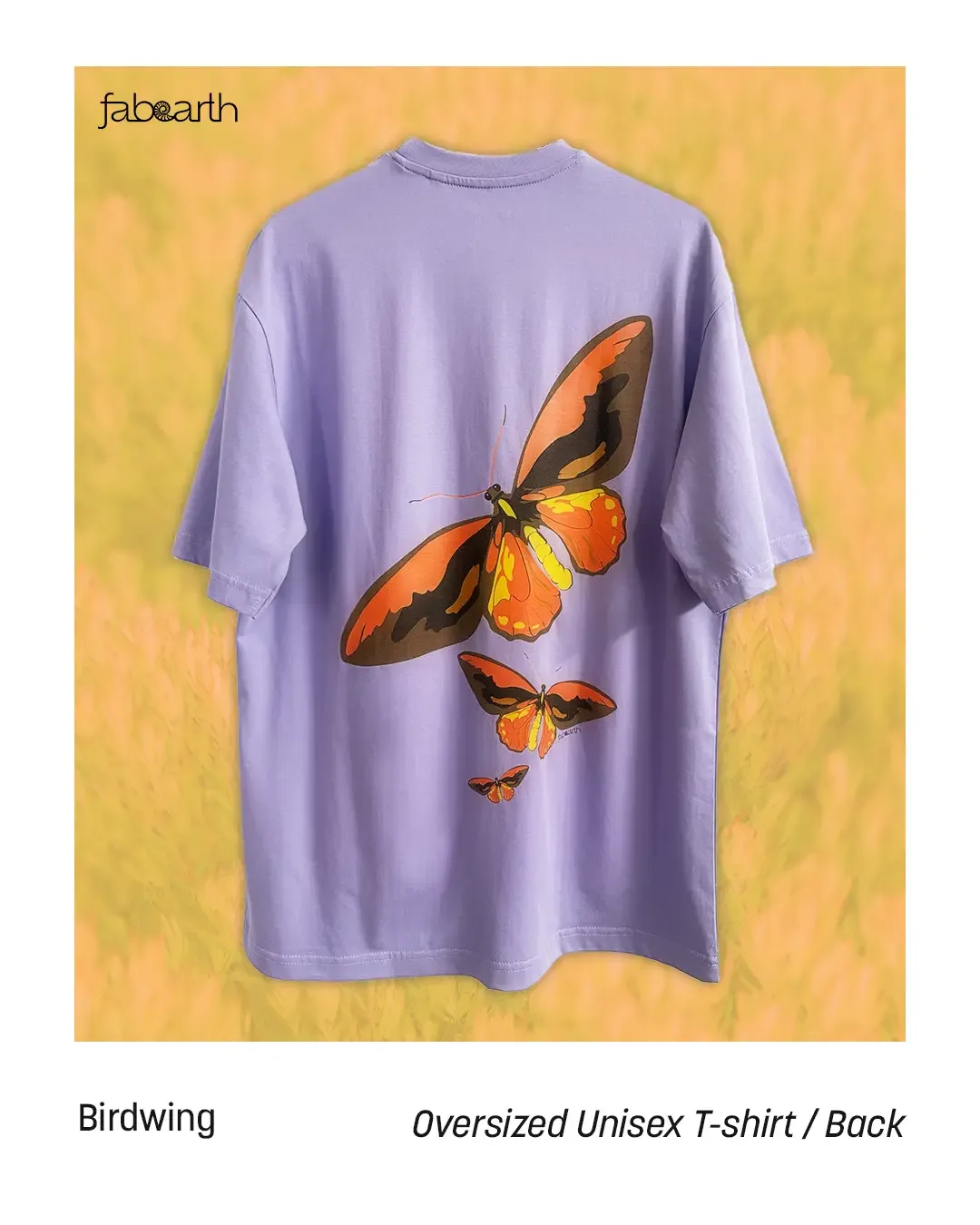 Wallace's Golden Birdwing (Ornithoptera croesus) T-shirt Oversize Unisex Lavender with original wildlife artwork, Near Threatened species — view 2 of 2