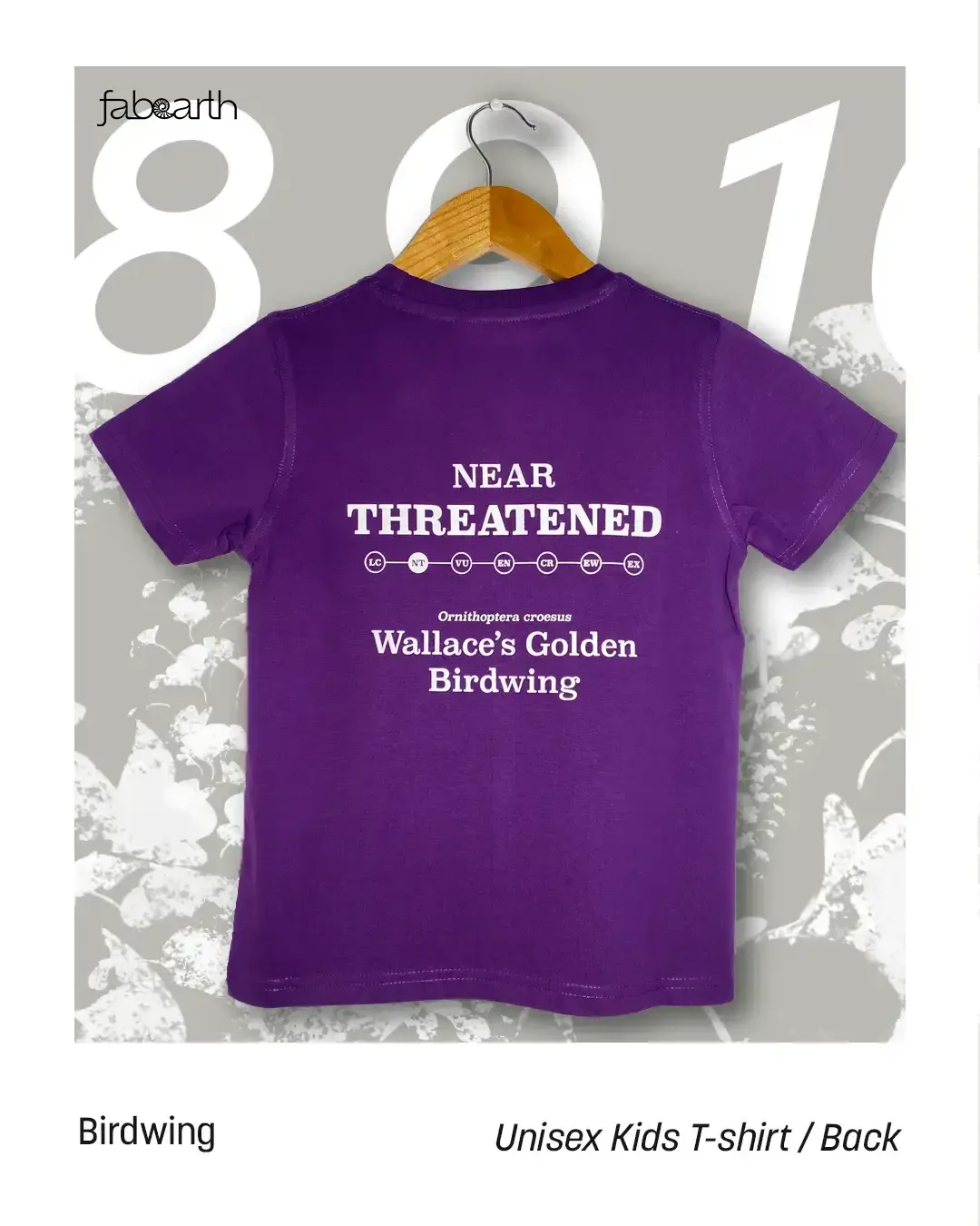 Wallace's Golden Birdwing (Ornithoptera croesus) T-shirt Regular Unisex Purple with original wildlife artwork, Near Threatened species — view 2 of 4