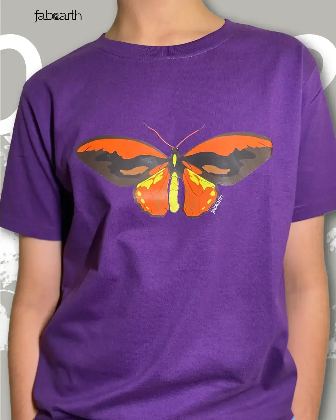 Wallace's Golden Birdwing (Ornithoptera croesus) T-shirt Regular Unisex Purple with original wildlife artwork, Near Threatened species — view 3 of 4