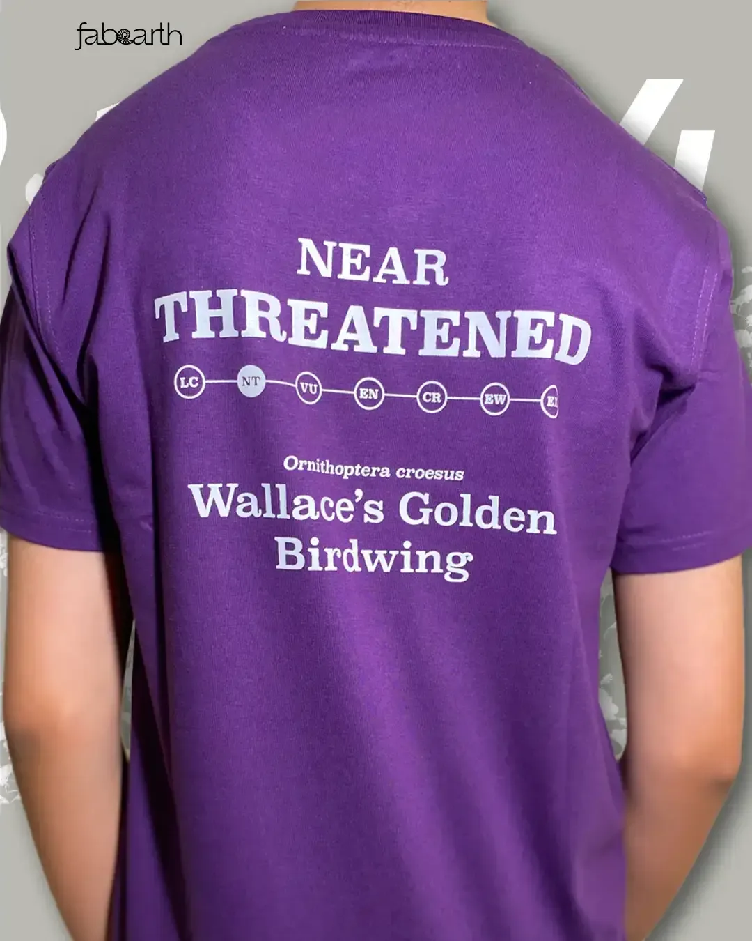 Wallace's Golden Birdwing (Ornithoptera croesus) T-shirt Regular Unisex Purple with original wildlife artwork, Near Threatened species — view 4 of 4