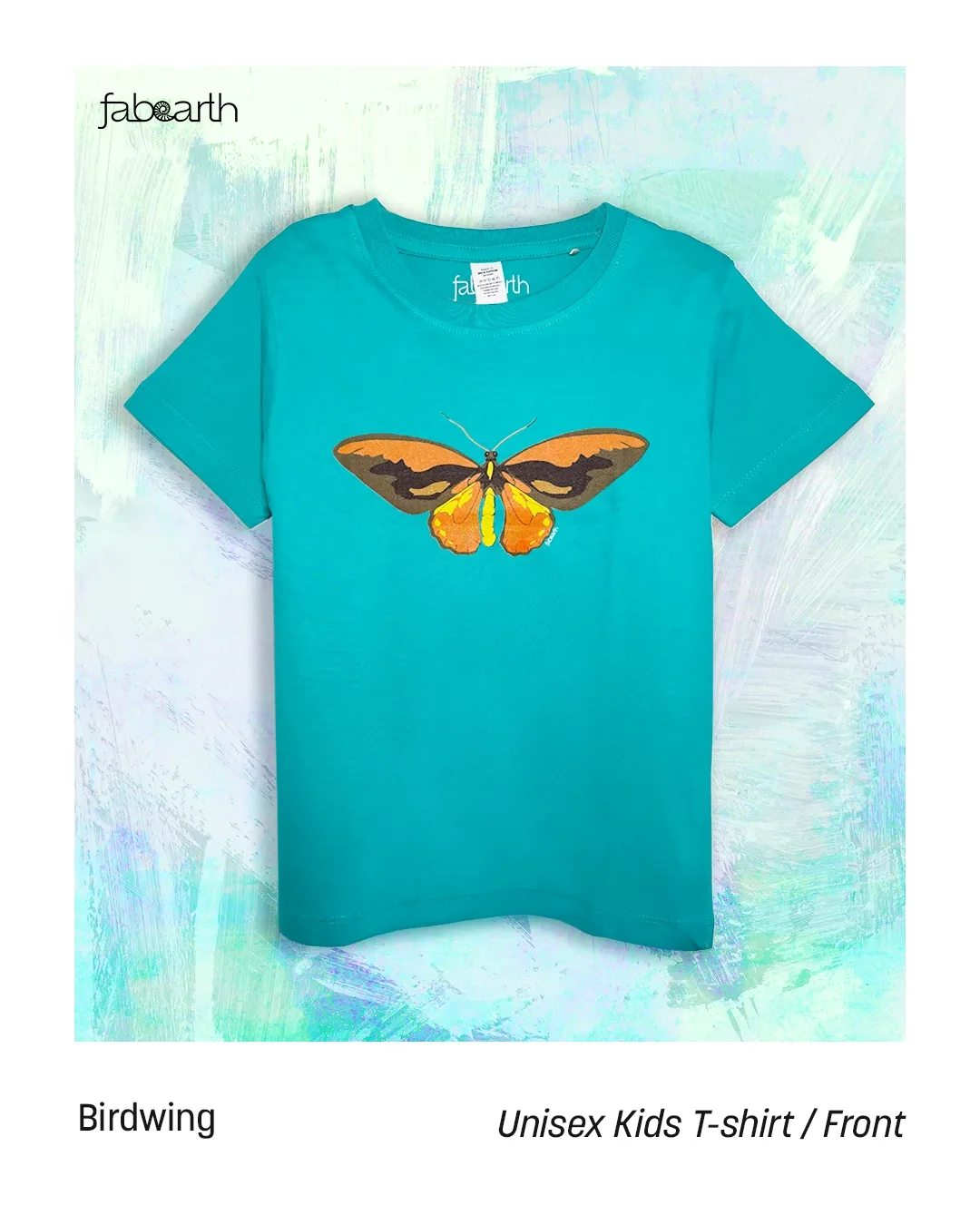 Wallace's Golden Birdwing (Ornithoptera croesus) T-shirt Regular Unisex Teal with original wildlife artwork, Near Threatened species