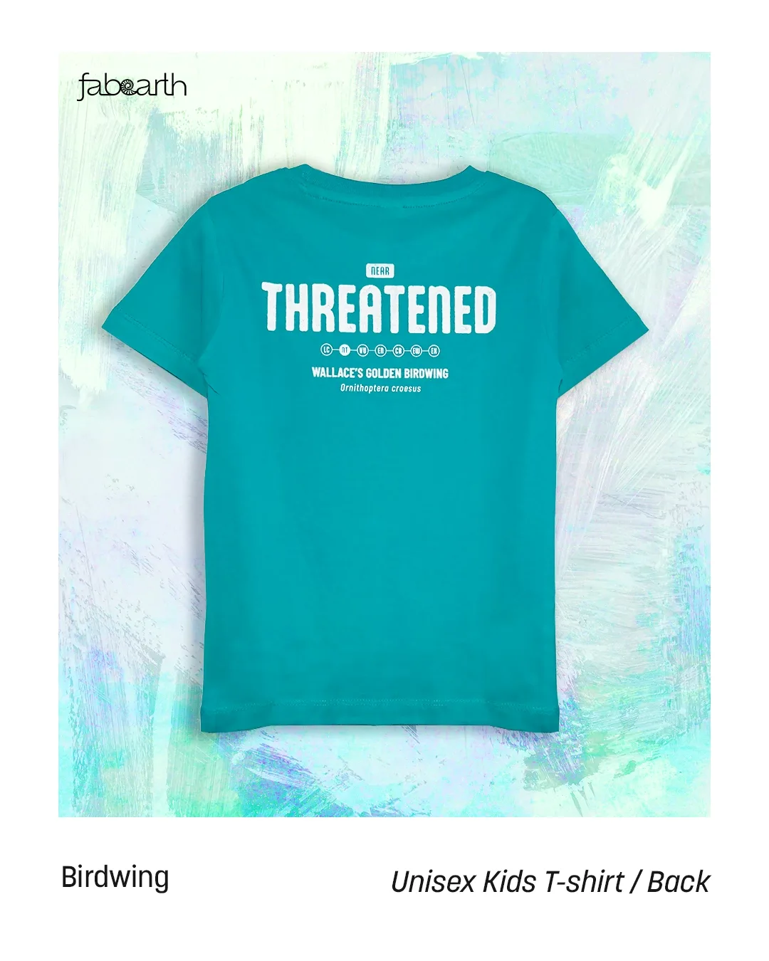 Wallace's Golden Birdwing (Ornithoptera croesus) T-shirt Regular Unisex Teal with original wildlife artwork, Near Threatened species — view 2 of 2