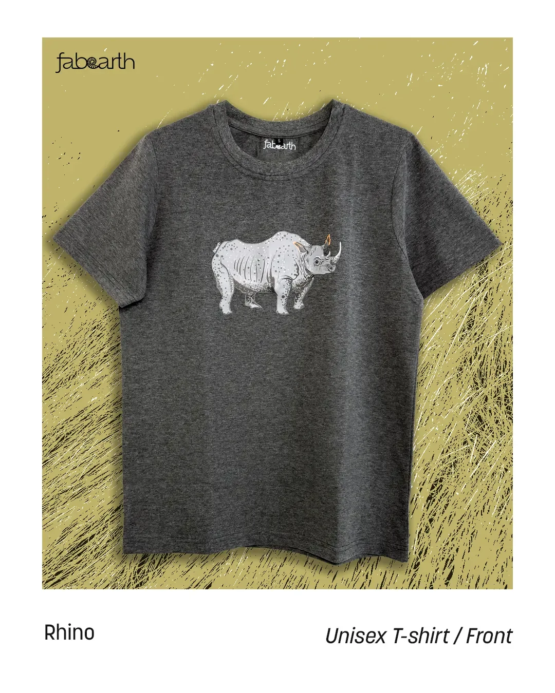 Western Black Rhinoceros (Diceros bicornis longipes) T-shirt Regular Unisex Grey with original wildlife artwork, Extinct species
