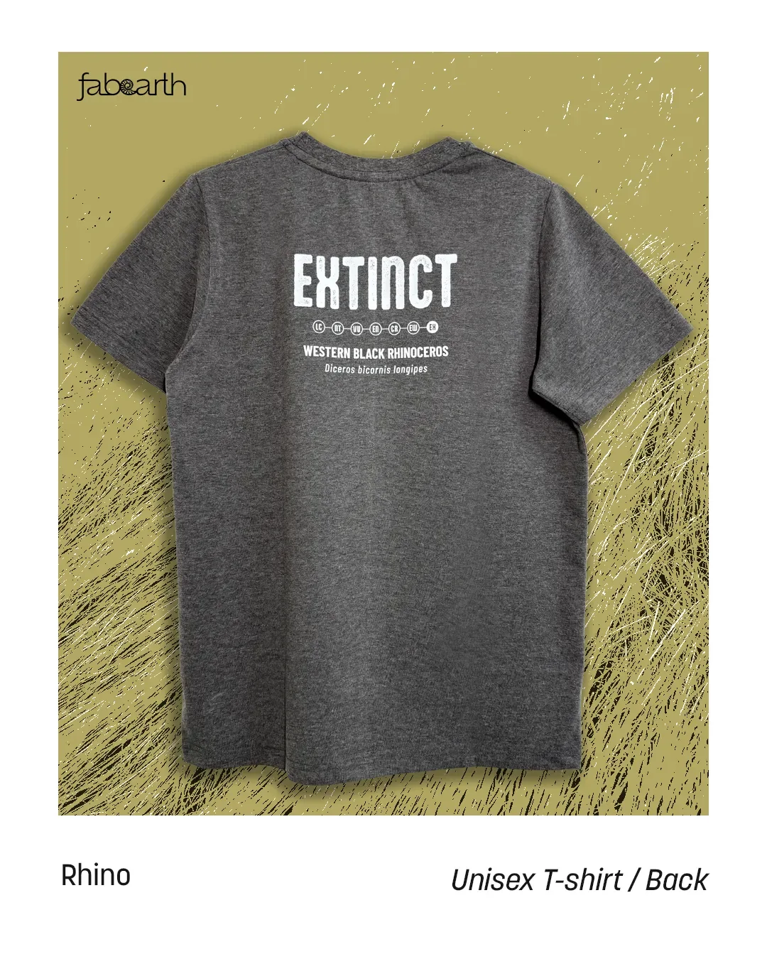 Western Black Rhinoceros (Diceros bicornis longipes) T-shirt Regular Unisex Grey with original wildlife artwork, Extinct species — view 2 of 2